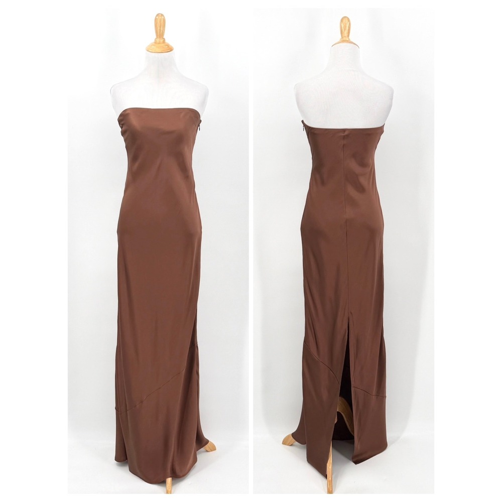 ENZA COSTA Strapless Silk Bias Maxi Dress Women Small Brown Quiet Luxury NEW